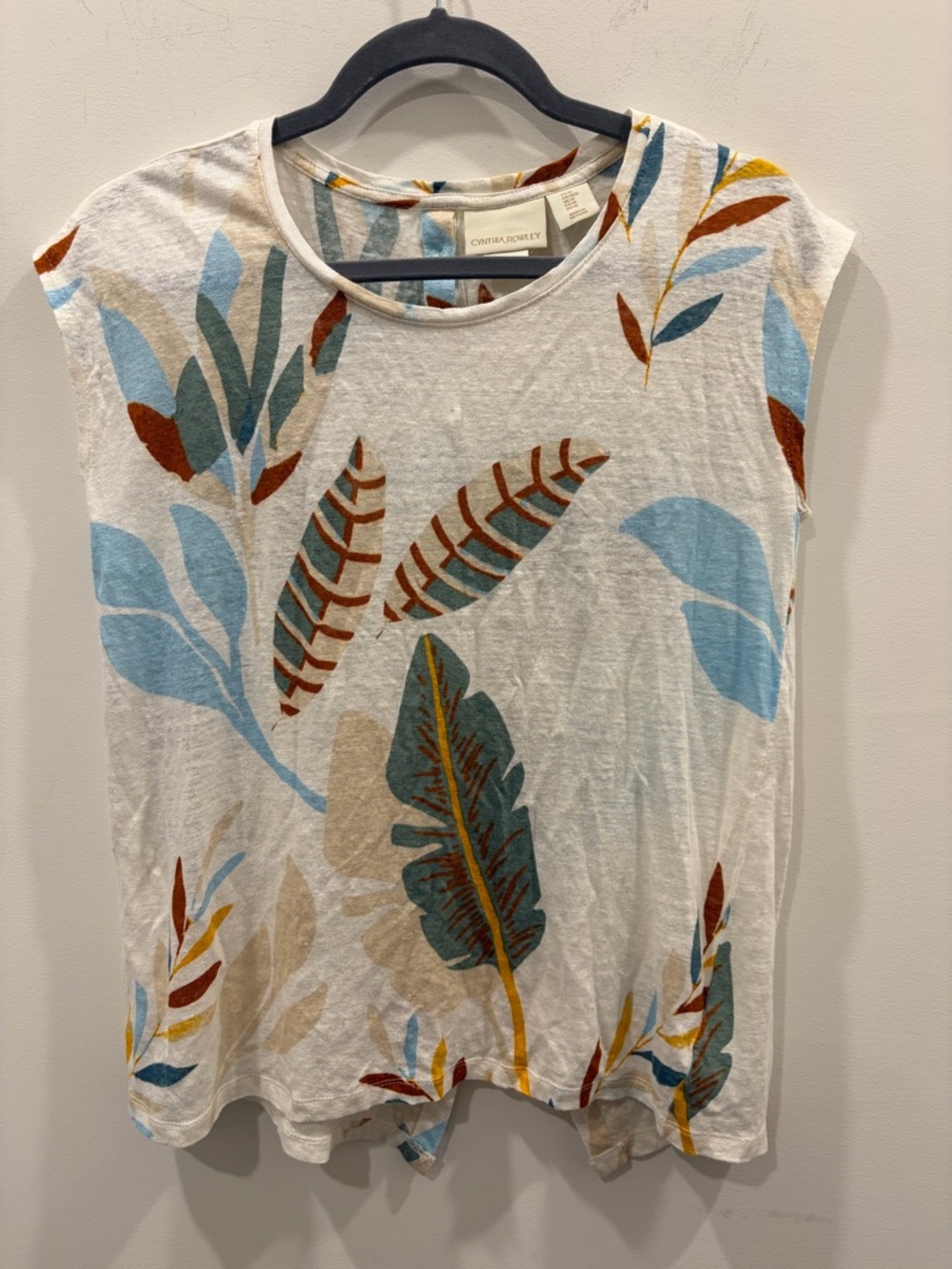 Cynthia‎ Rowley White Botanical Linen Tank with Blue and Rust Leaf Print